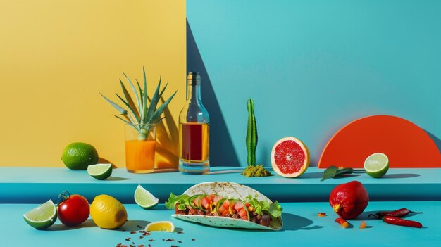 Photo a table with a sandwich fruit and a bottle of alcohol