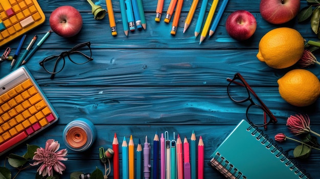 table with school supplies teachers day background