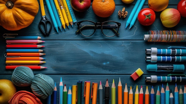 table with school supplies teachers day background