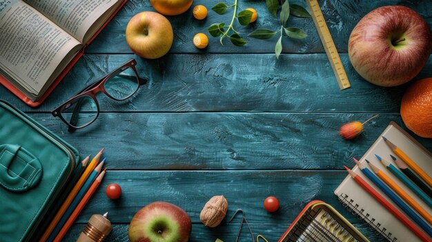 table with school supplies teachers day background