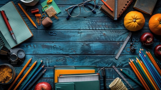 table with school supplies teachers day background