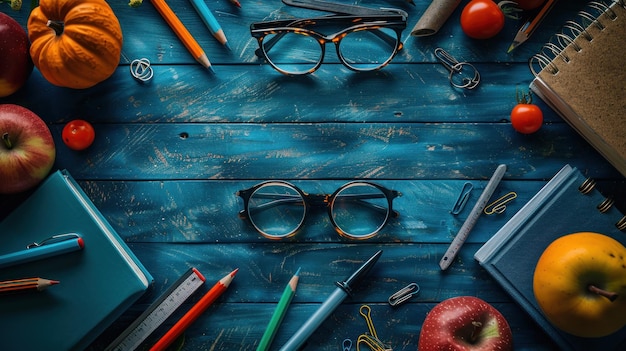 table with school supplies teachers day background