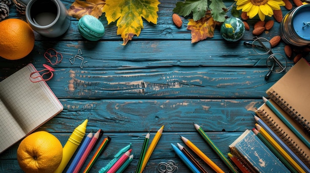 table with school supplies teachers day background