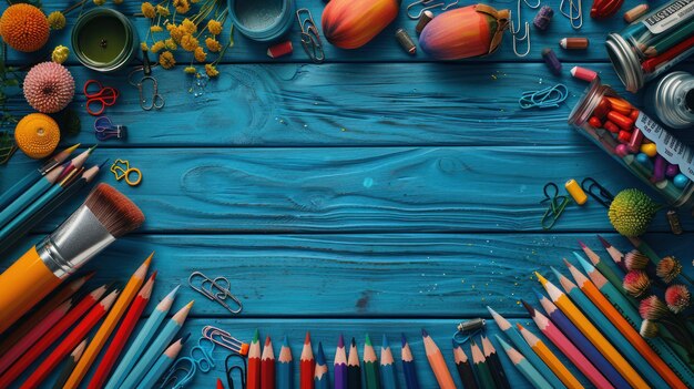 table with school supplies teachers day background