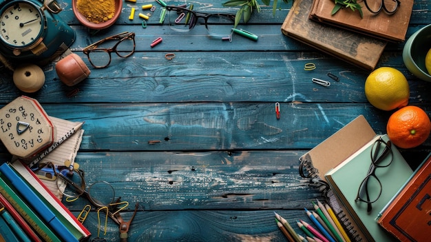 table with school supplies teachers day background