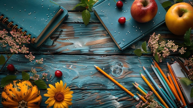 table with school supplies teachers day background