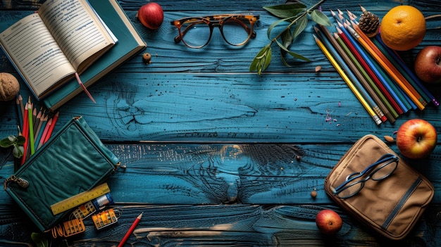 table with school supplies teachers day background