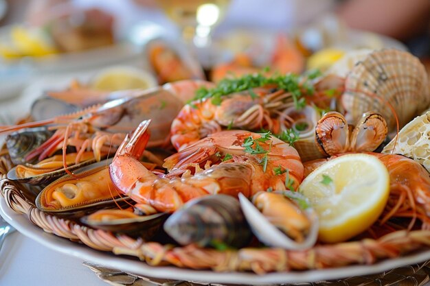 Table with seafood and a sign that says rice