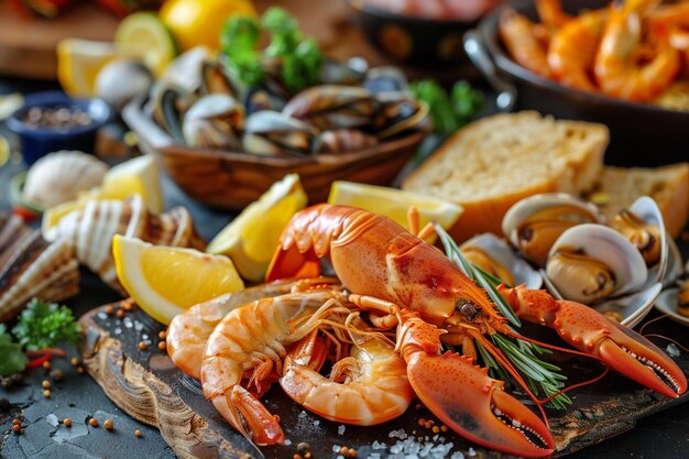 Table with seafood and a sign that says rice