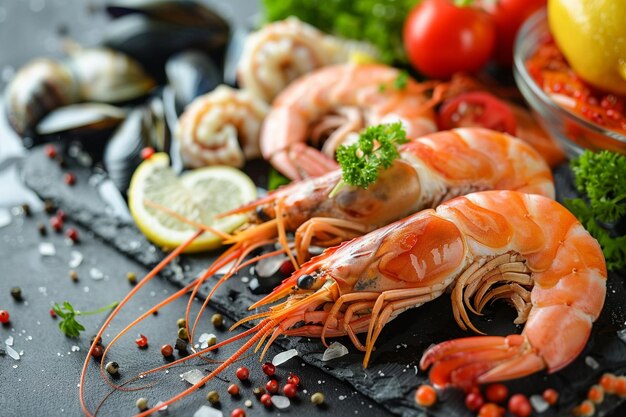 Table with seafood and a sign that says rice