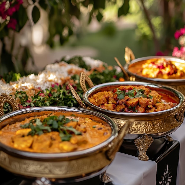 a table with several bowls of food including rice and vegetables