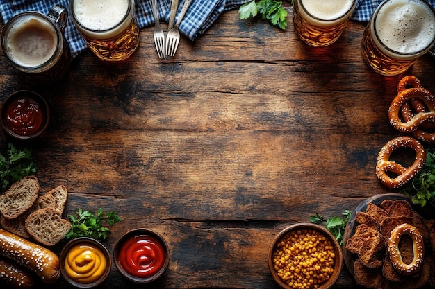 Photo a table with several condiments and glasses of beer and a bottle of beer