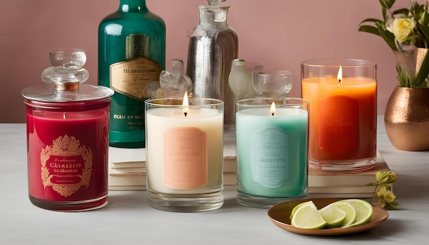 a table with several different colored candles and a green bottle of liquor