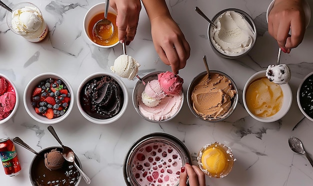 Photo a table with several different desserts including ice cream ice cream and ice cream