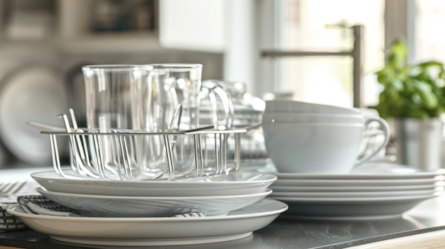 Photo a table with several plates and a silver container with a white lid