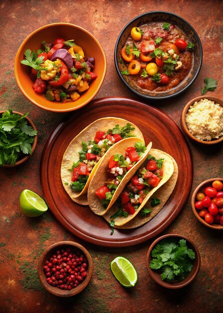 a table with several plates of tacos salsa and salsa