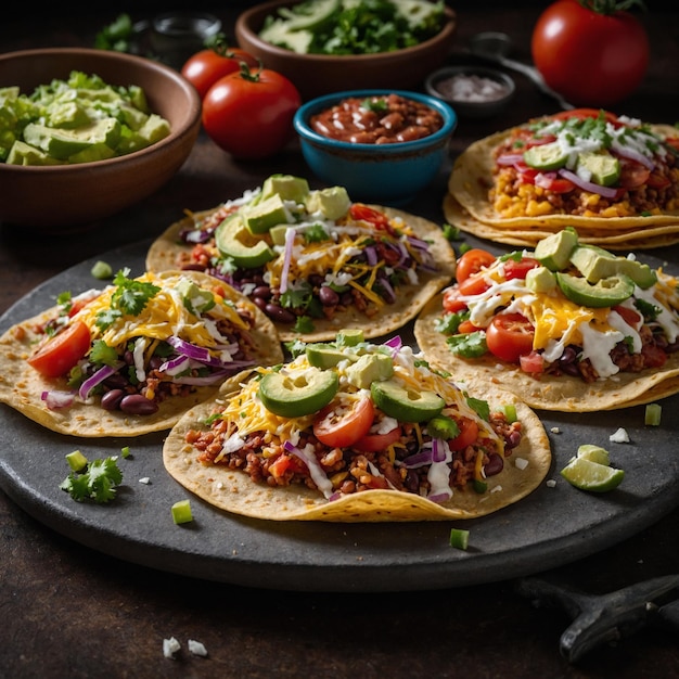 A table with several tacos tomatoes and lettuce