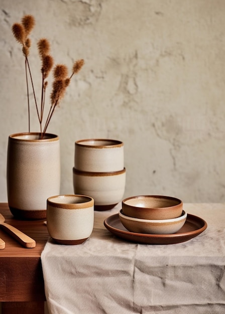 a table with several vases and vases on it and a wooden spoon on the table