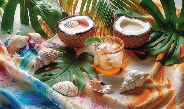 a table with shells and a bottle of coconut oil