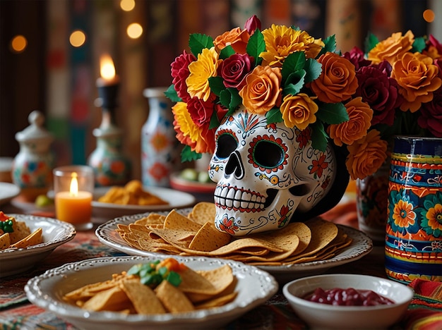 Table with a skull and flowers and a candle in the background Ai Generated