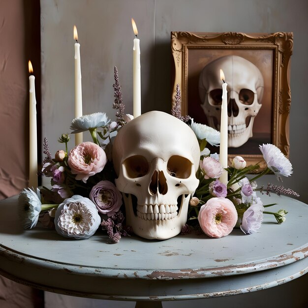 A table with a skull and flowers and a picture of a skull and candles