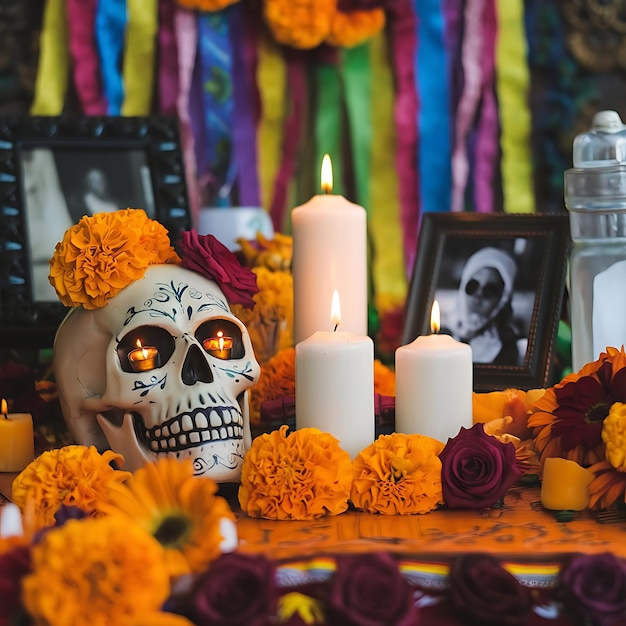 Photo a table with a skull and flowers and a skull and a candle in the center