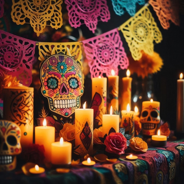 Photo a table with a skull and flowers and a skull on it