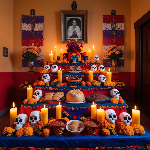 Photo a table with skulls and candles and a picture of a man in a frame with a picture