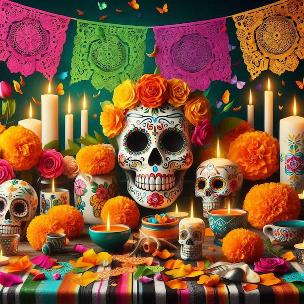 a table with skulls flowers and candles on it