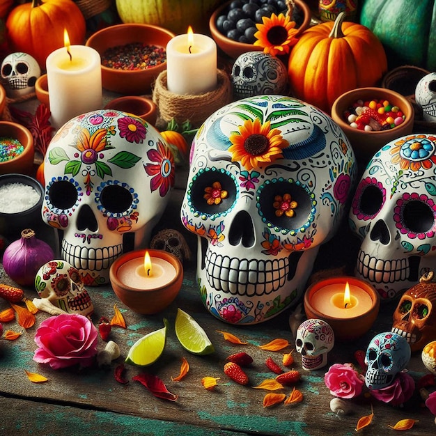 Photo a table with skulls flowers and candles