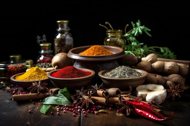 a table with spices and herbs and spices including spices and herbs