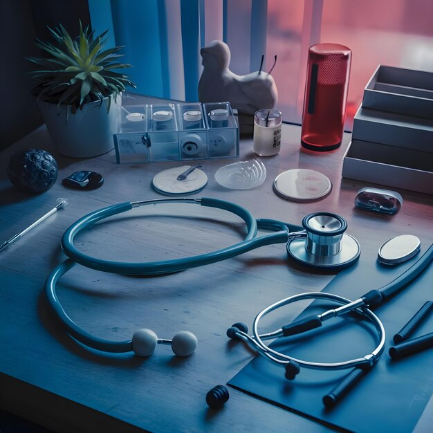 A table with a stethoscope stethoscope and other medical items on it ai generated