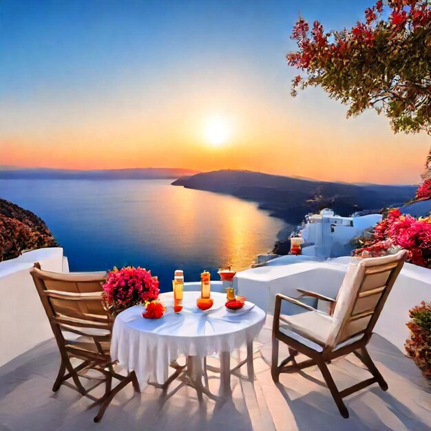 a table with a table and candles on it with a view of the ocean and a sunset