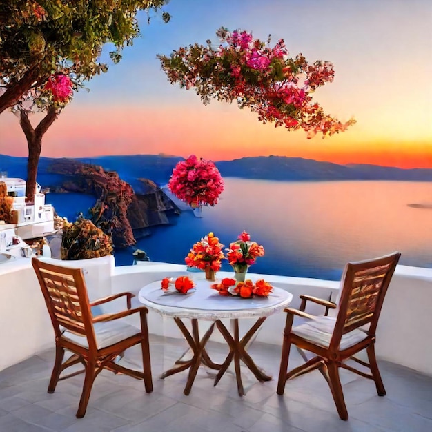 a table with a table and chairs and a painting of a sunset on the wall