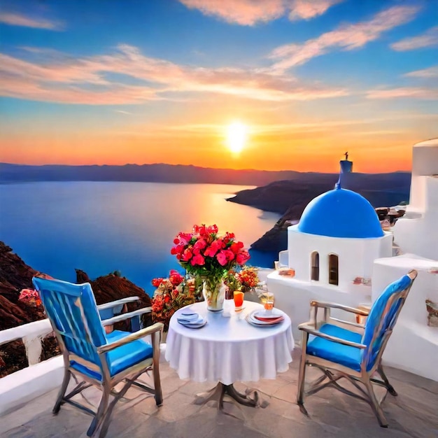 a table with a table and chairs and a view of the ocean