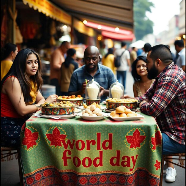 Photo a table with a table cloth that says world food day