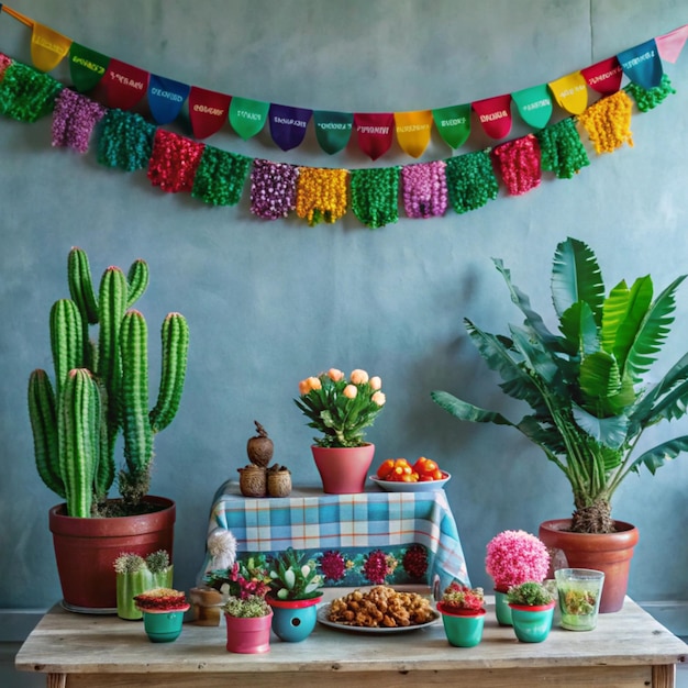 Photo a table with a table cloth with a variety of cactus and flowers