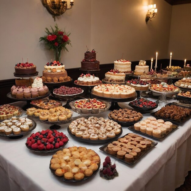 Table with a table full of desserts and a candle