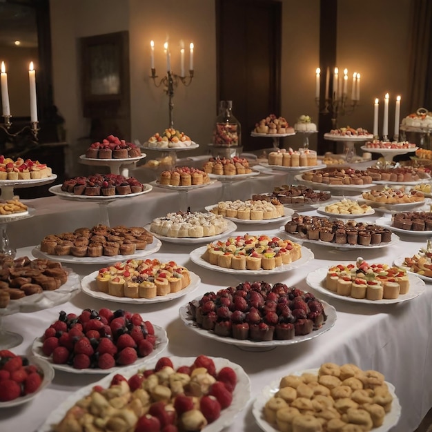 Table with a table full of desserts and a candle