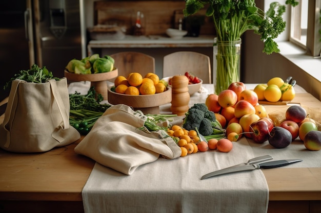 A table with a table full of fruits and vegetables.