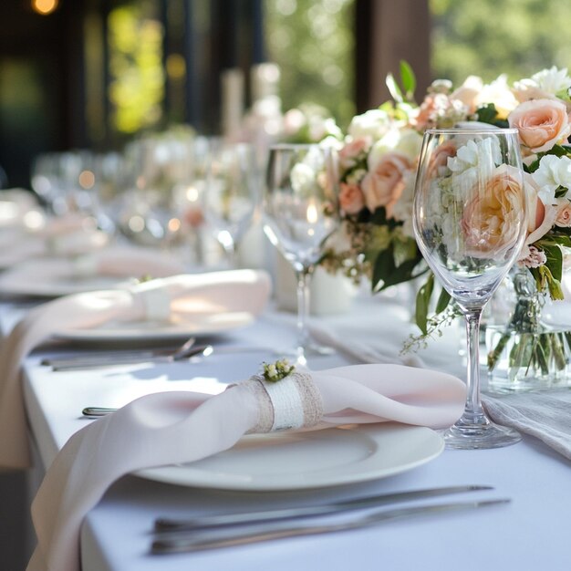 Photo a table with a table set for a wedding with flowers and a napkin on it