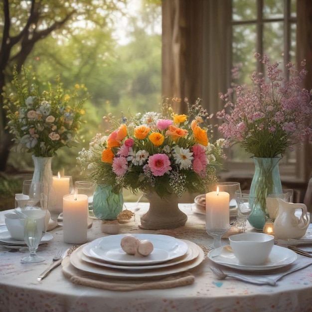 a table with a table set with flowers and candles on it