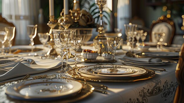 Photo a table with a table set with a tablecloth and silverware