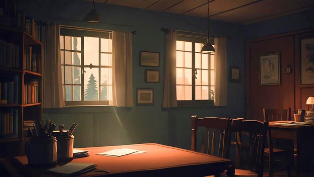 a table with a table and a window with a view of the city