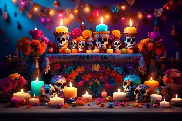 Photo a table with a table with a bunch of skulls and flowers on it