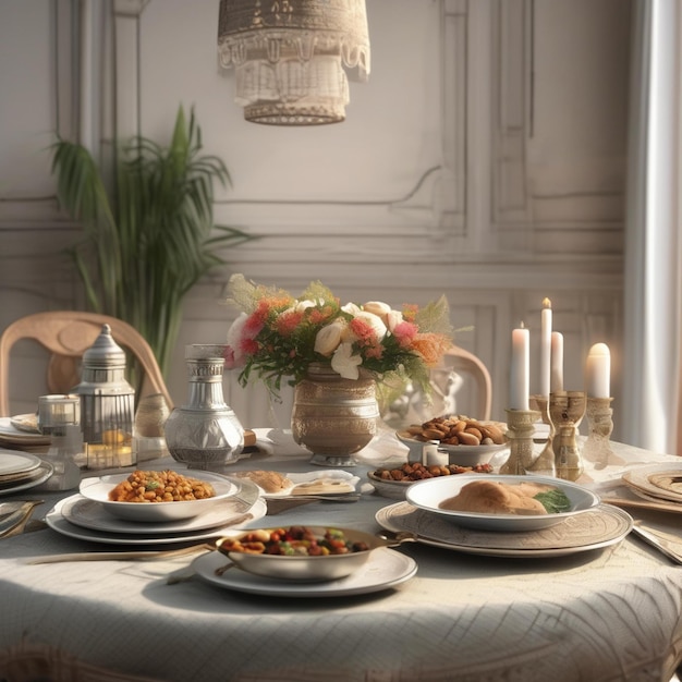 a table with a table with food and candles on it