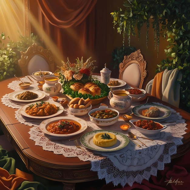 a table with a table with food and a tablecloth with a tablecloth