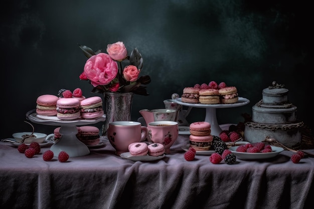 A table with a table with a pink tablecloth and a bunch of macaroons on it.