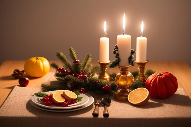 a table with a table with a plate of food and a candle that says quot pomegranate quot