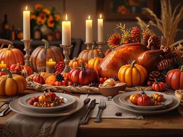 a table with a table with plates candles and pumpkins